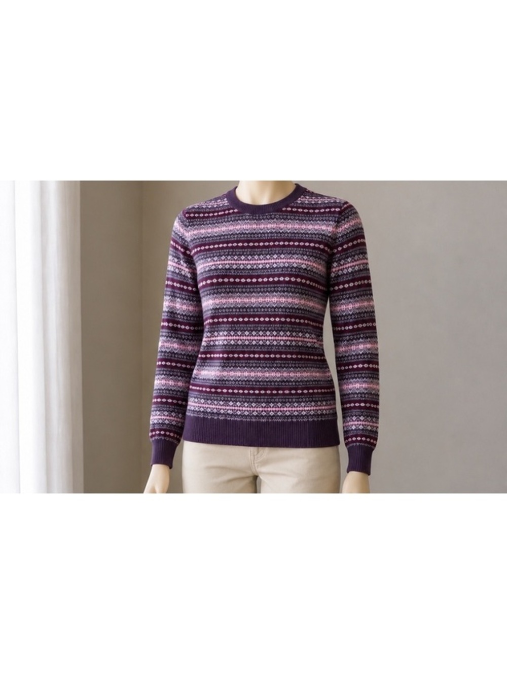 Lands’ End Women’s S 6-8 100% Cashmere Fair Isle Sweater Purple Pink Crewneck